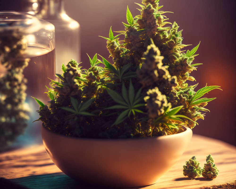 Mature cannabis buds in bowl on wooden surface with warm backlight