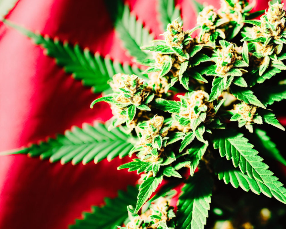 Vivid Green Cannabis Plant with Distinct Leaves and Flowers on Blurred Red Background