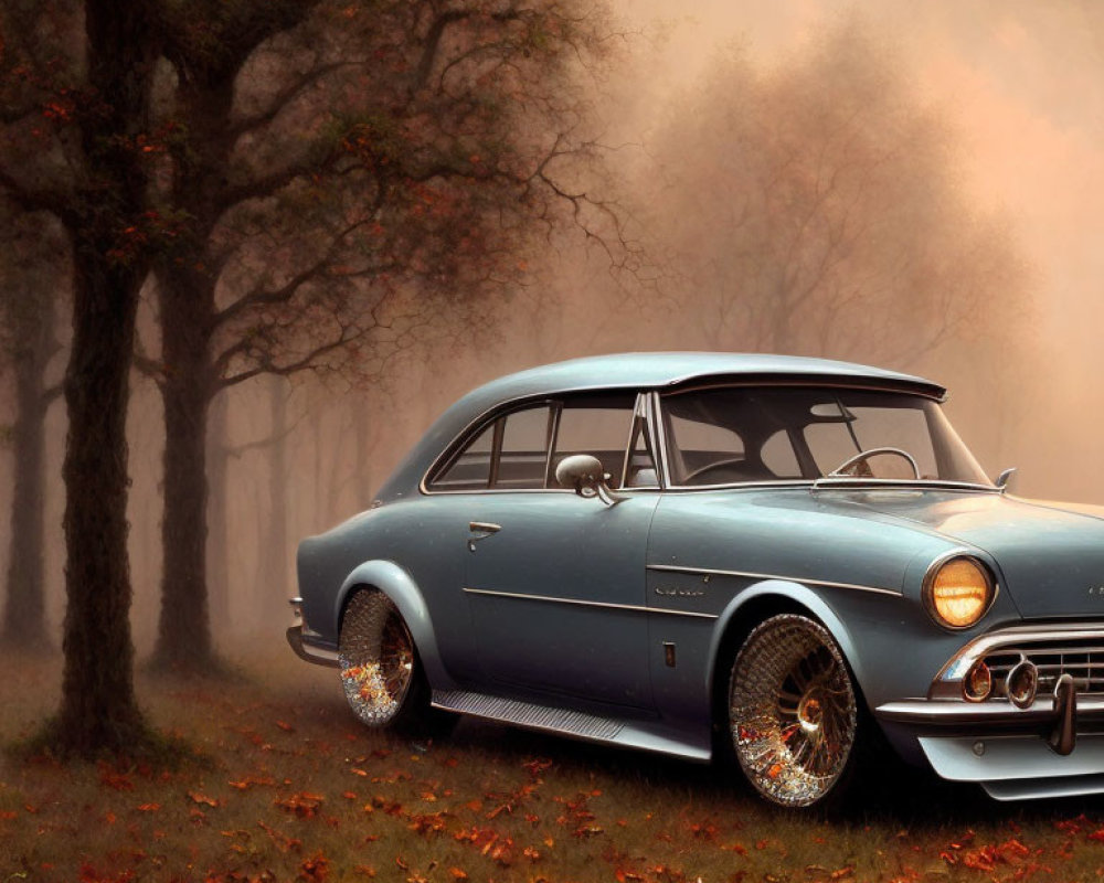 Blue Classic Car with Shiny Rims Parked in Autumn Scene