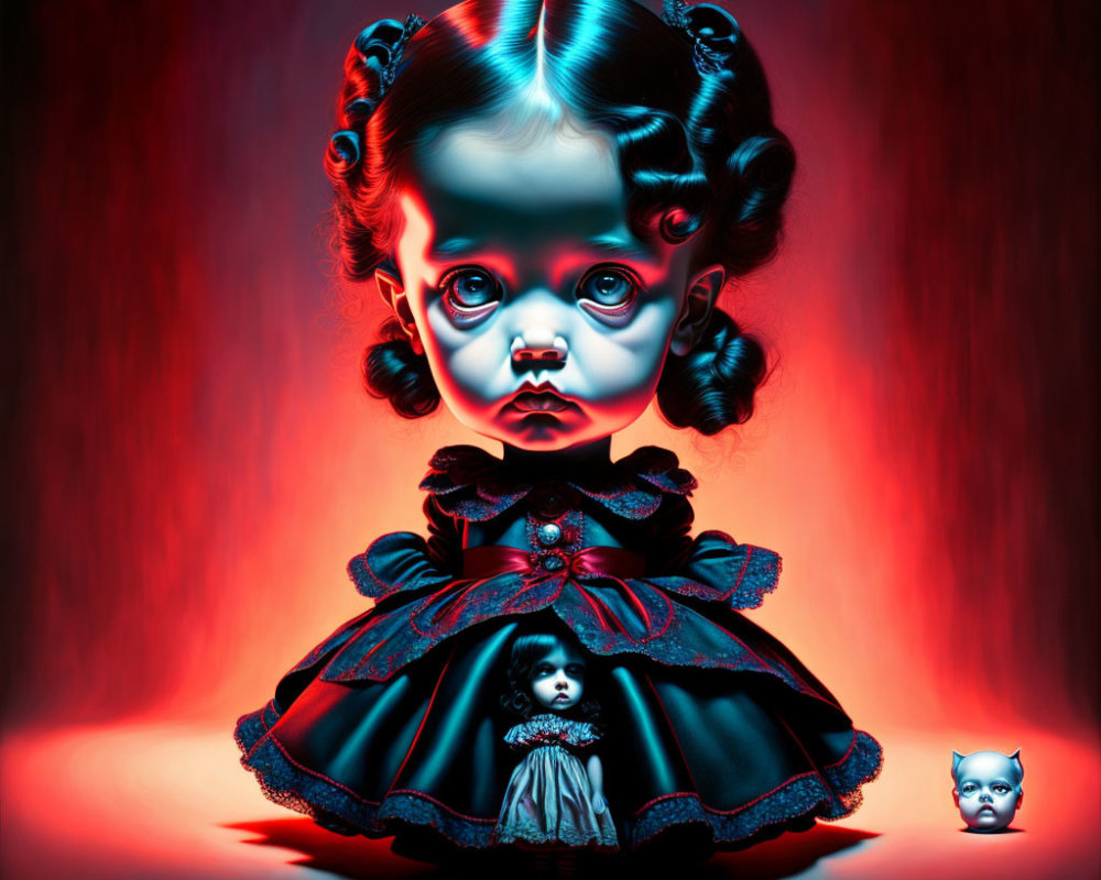 Surreal painting of girl with large eyes and curls in dark dress on red backdrop