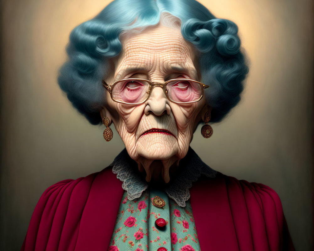Elderly Woman Portrait with Blue Hair and Glasses