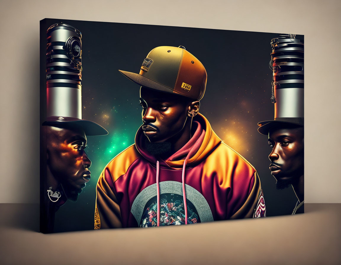 Colorful canvas art: man in cap and hoodie with stylized profiles on cosmic backdrop.