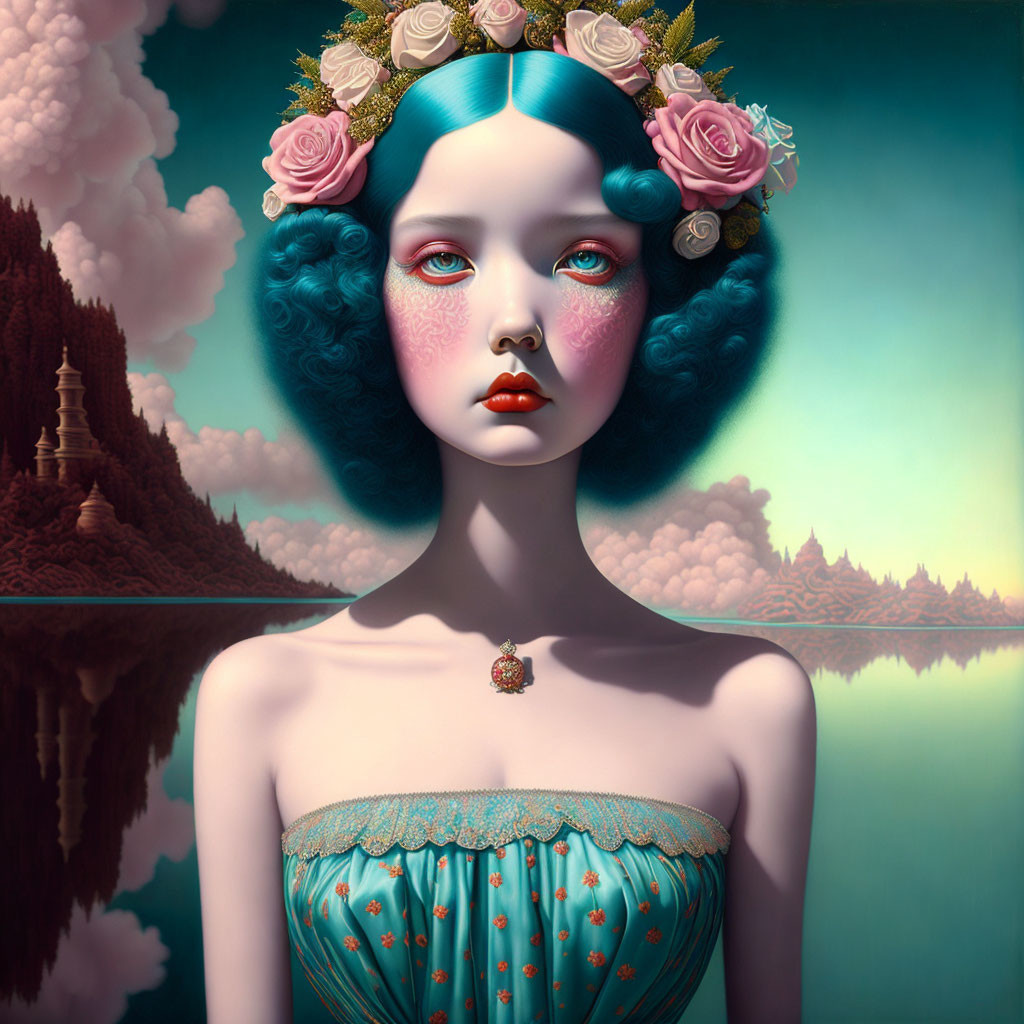 Surreal portrait of woman with blue hair and rose crown in fantastical landscape
