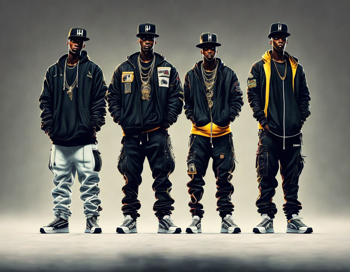 Four Men in Hip-Hop Attire Posing with Confidence