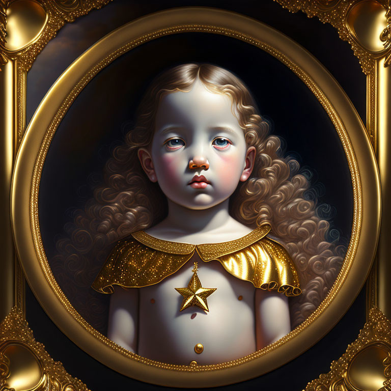 Child with Curly Hair in Golden Collar Portrait in Ornate Frame