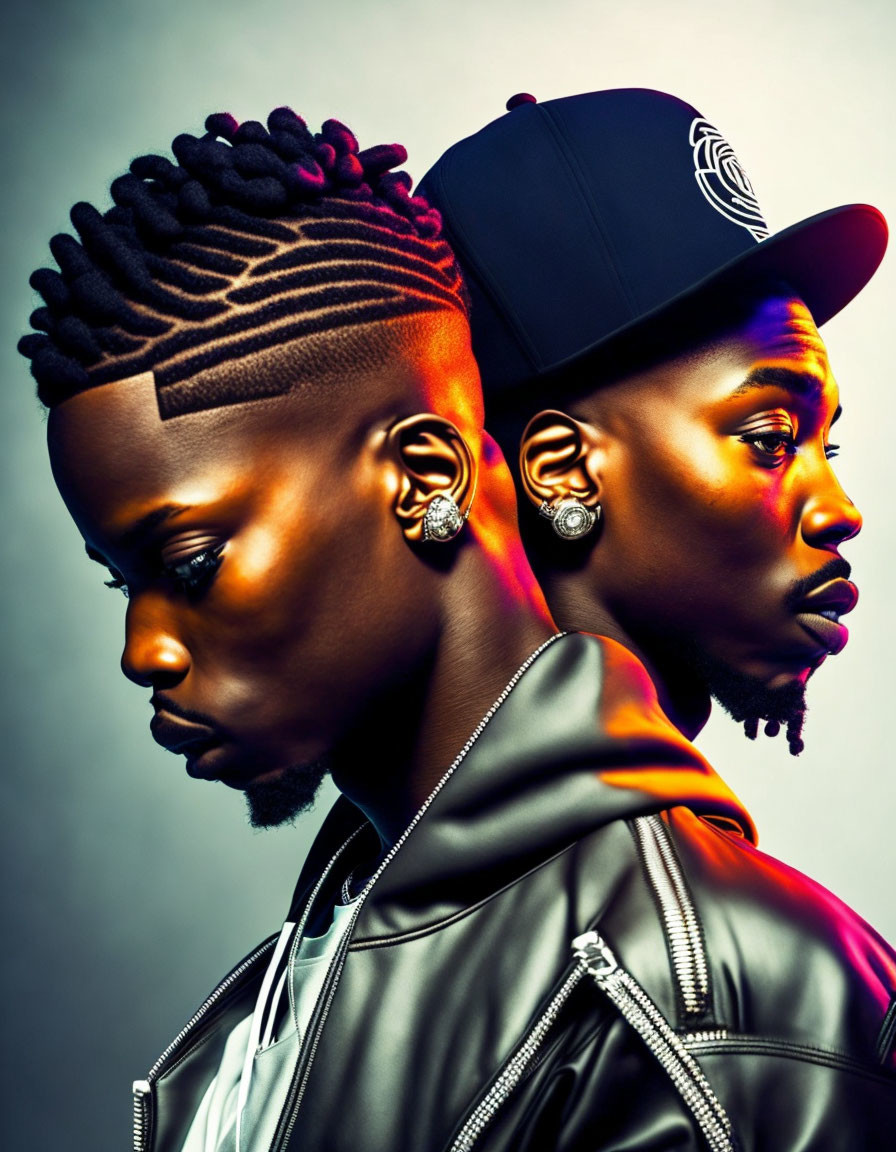 Two individuals with braided hair, earrings, and caps pose back-to-back on gradient background