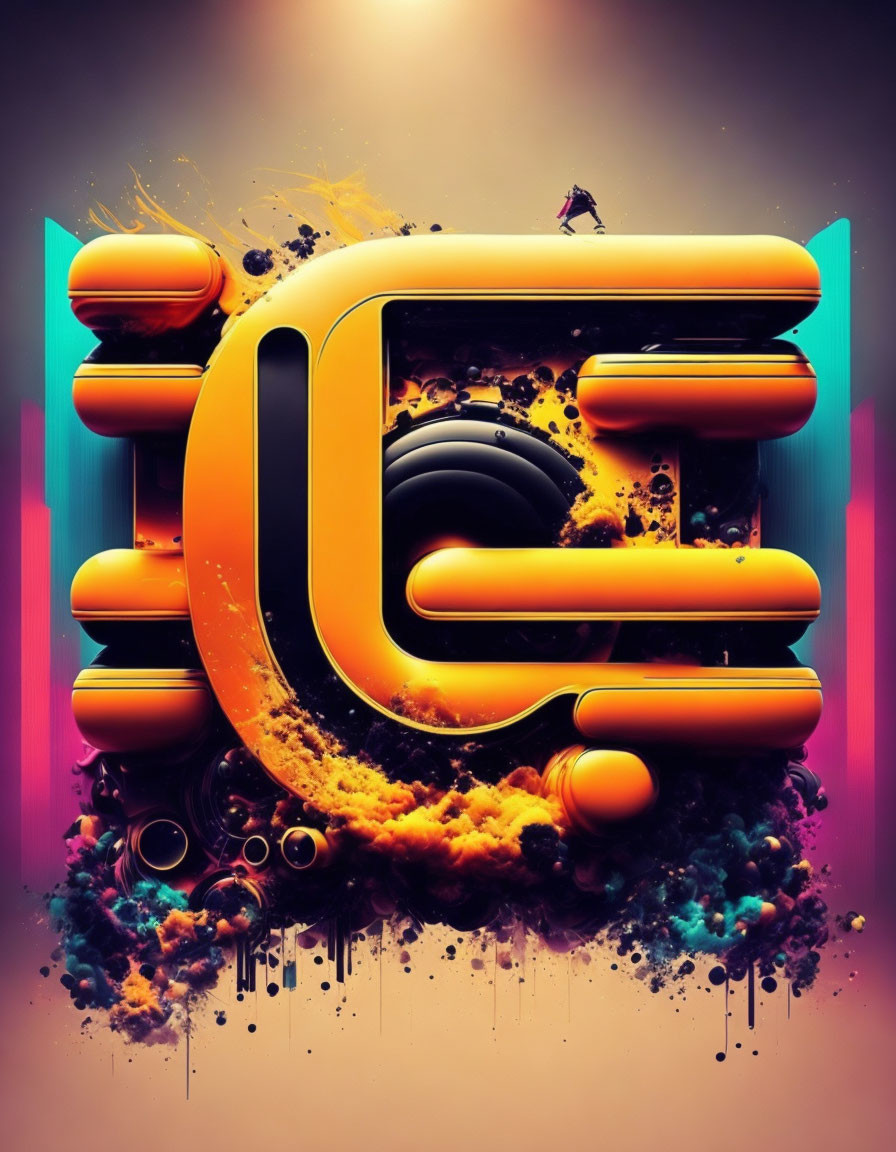 Colorful 3D Graphic: Bold "E" Letter, Figure, Splashes, Gradient