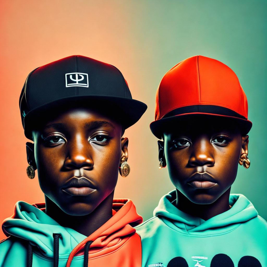 Serious children in baseball caps and hoodies on gradient background