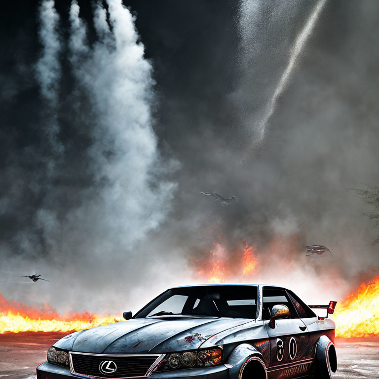 Custom Lexus with dramatic livery under fiery sky and water spouts.