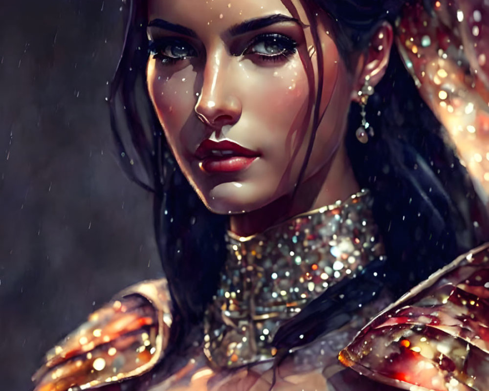 Dark-haired woman in bronze armor surrounded by falling droplets