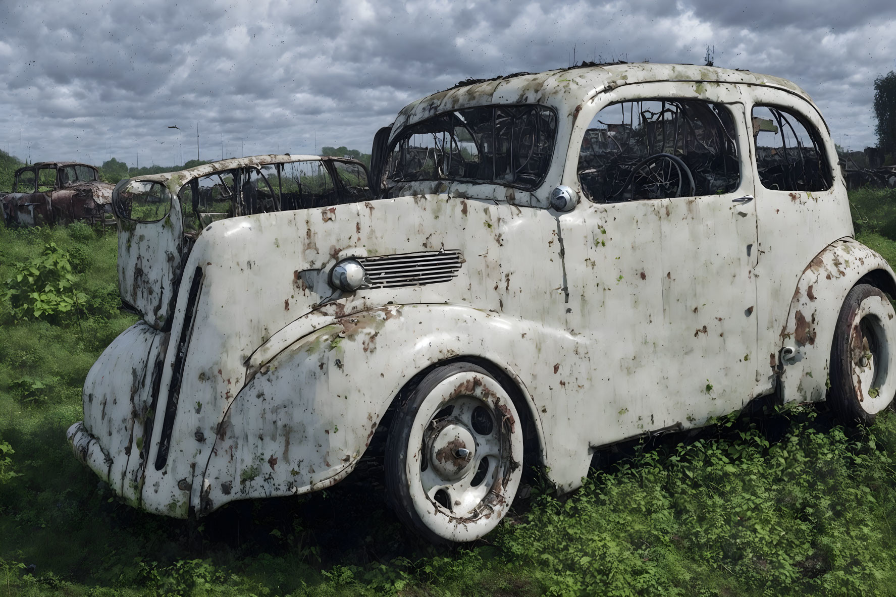 Weathered white car in overgrown vegetation under cloudy sky