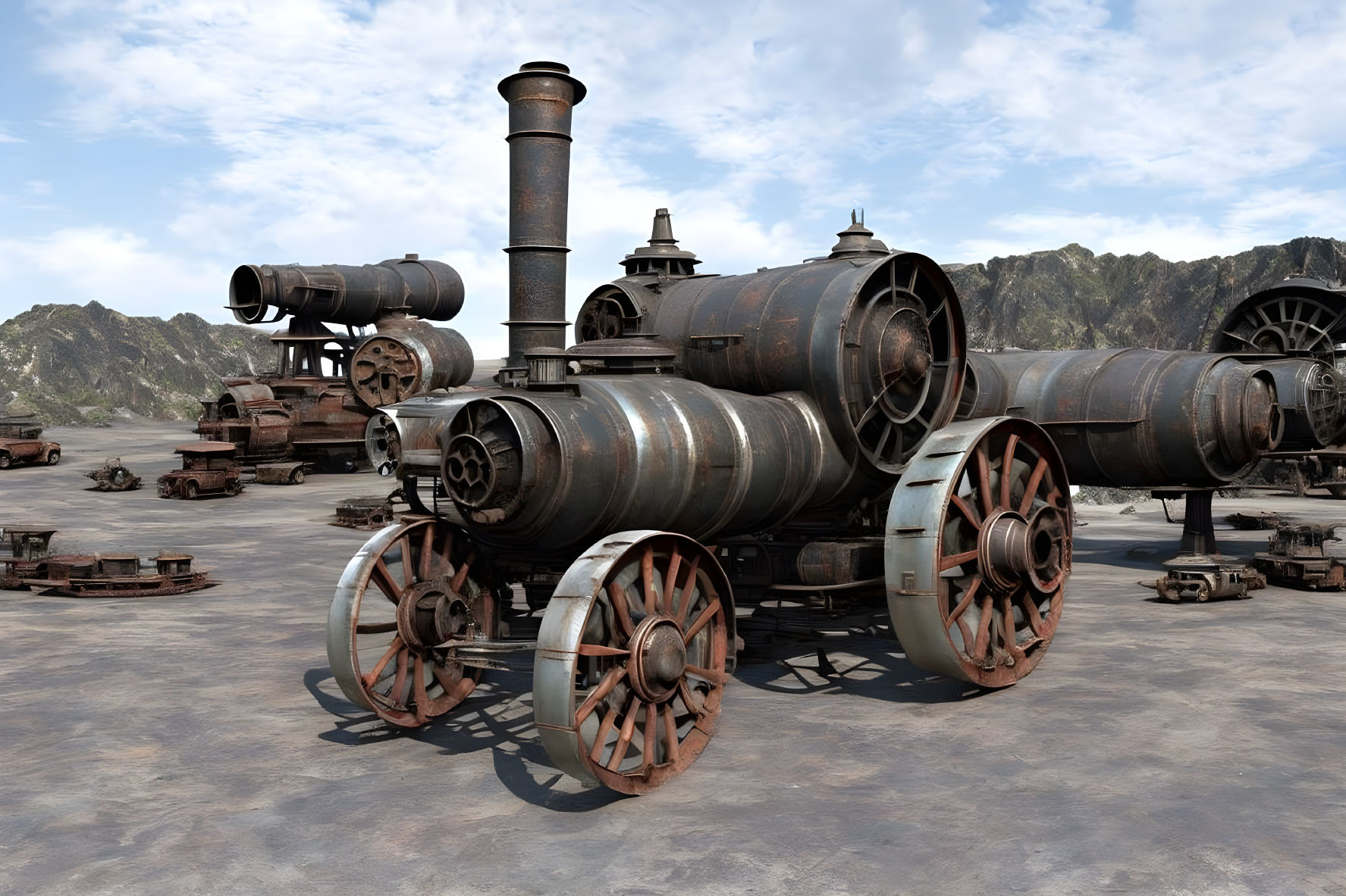 Vintage Steam Locomotives 3D Rendering in Desolate Landscape