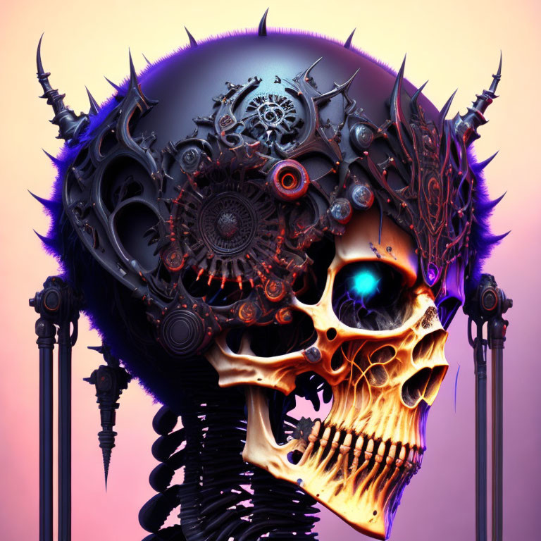 Digital Artwork: Skull with Mechanical Parts and Glowing Blue Eye on Purple Background
