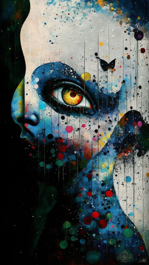 Colorful surreal face with yellow eye in abstract art with splatters and butterfly.