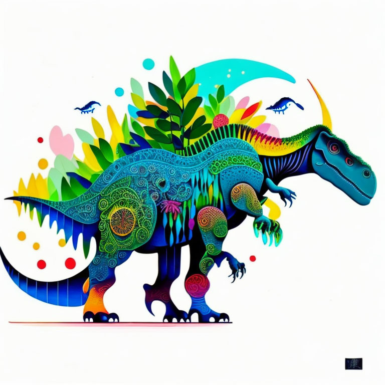 Vibrant dinosaur illustration with intricate patterns on white background