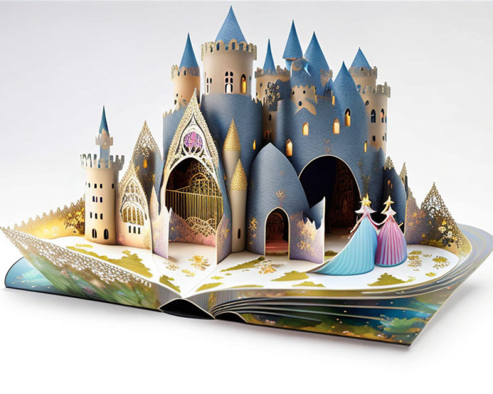 Intricate 3D paper castle with princess figures in colorful pop-up book