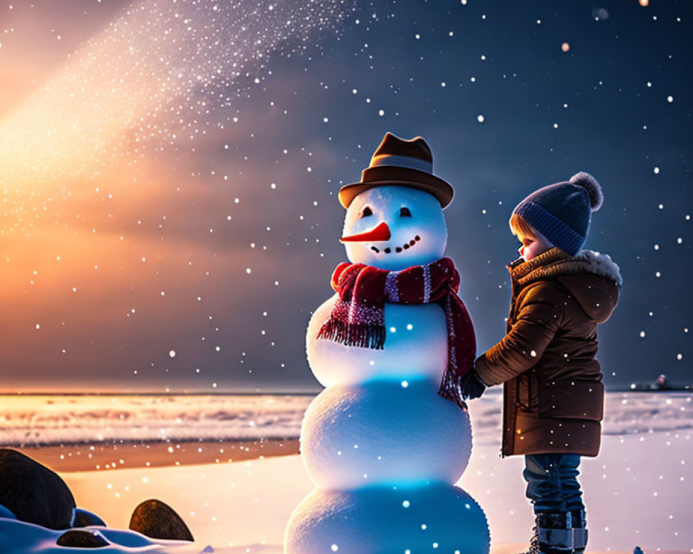 Child in winter clothing next to smiling snowman under starry sky