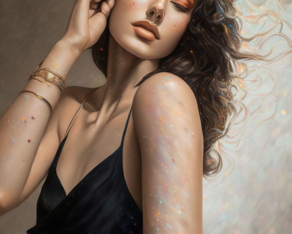 Digital illustration: Woman with glowing star-infused skin, vibrant makeup, wavy hair, adorned with