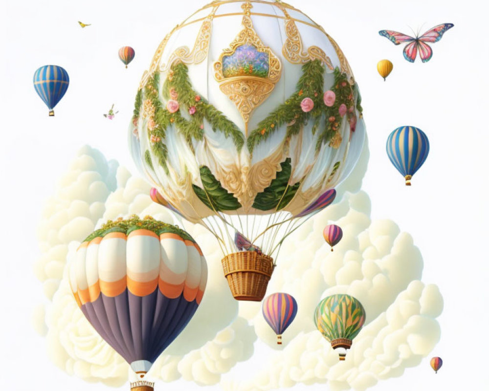 Colorful hot air balloons and butterflies in fantasy sky scene.