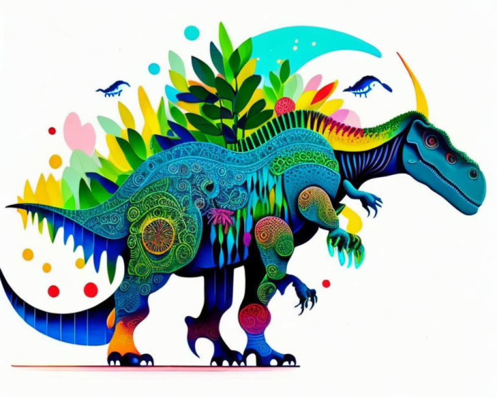 Vibrant dinosaur illustration with intricate patterns on white background