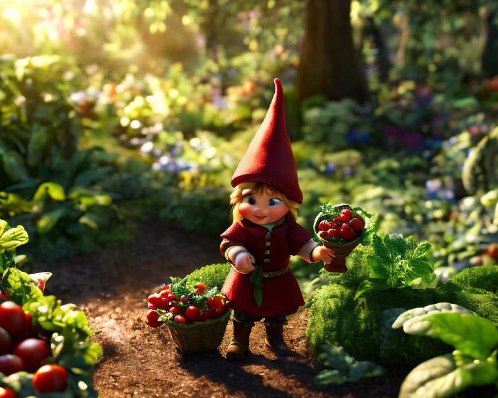 Colorful gnome with strawberry in lush garden scene