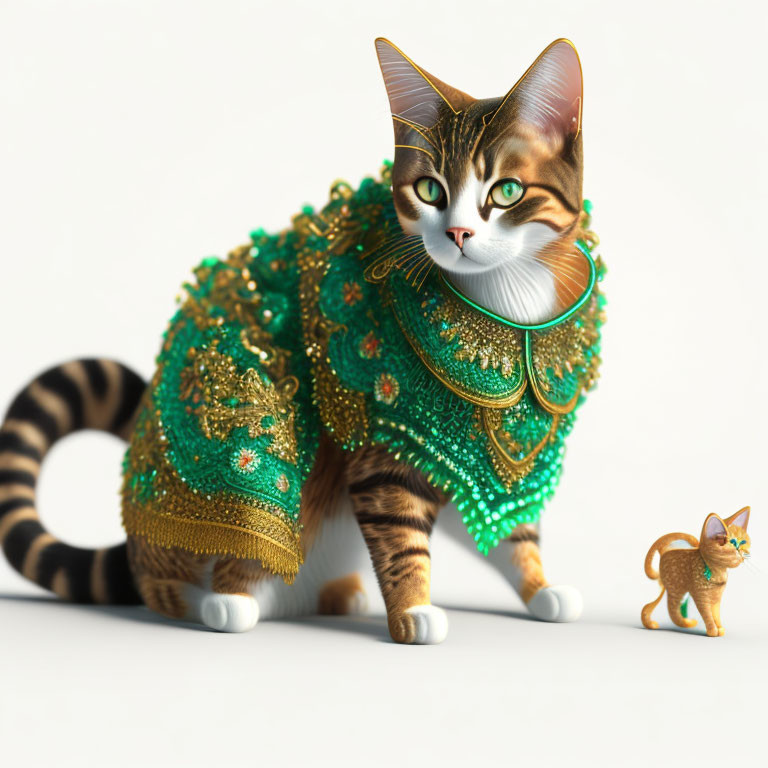 Tabby cat with green and gold jewelry beside mini version on white background