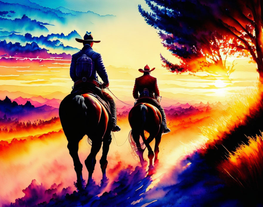 Cowboys on horseback riding towards vibrant sunset with colorful clouds.