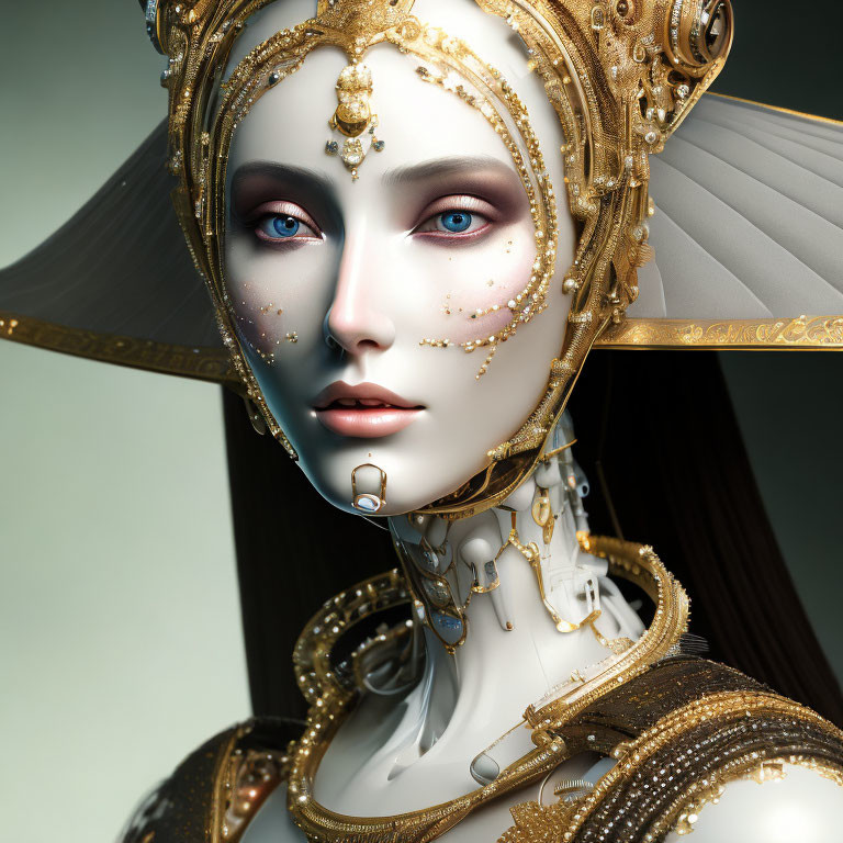 Digital Artwork: Female Figure with Elaborate Gold and White Headgear, Blue Eyes, Fut