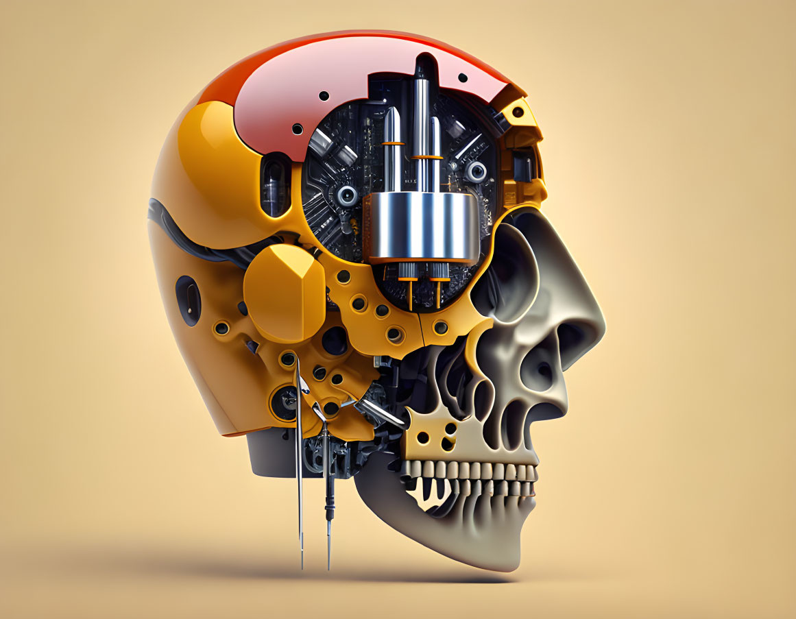 Futuristic digital art: Human skull with mechanical parts on amber background