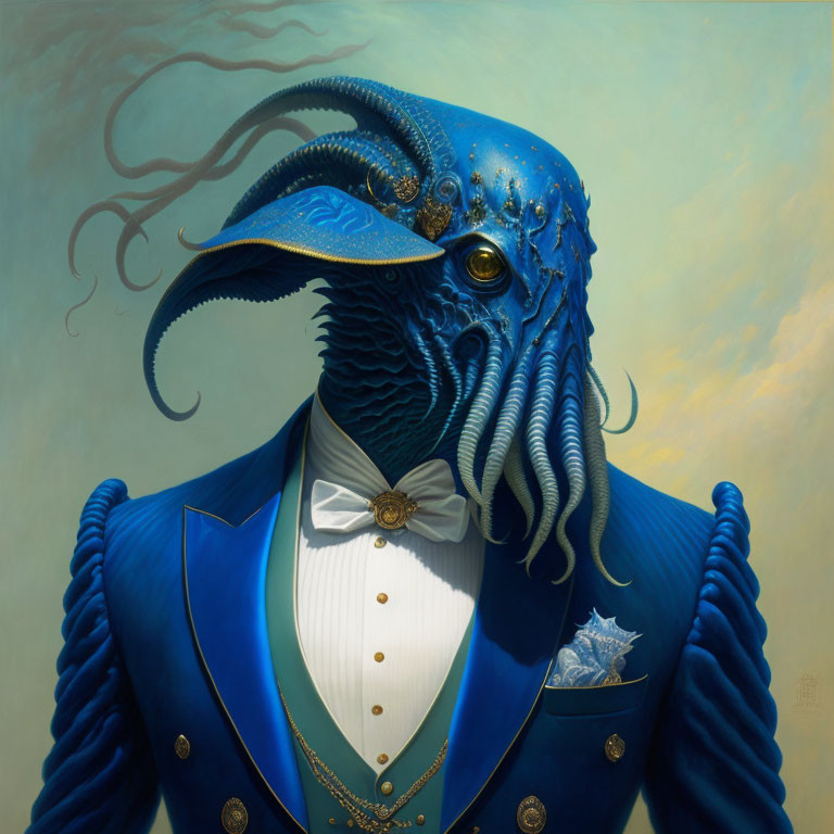 Surreal portrait of creature with octopus head in blue suit
