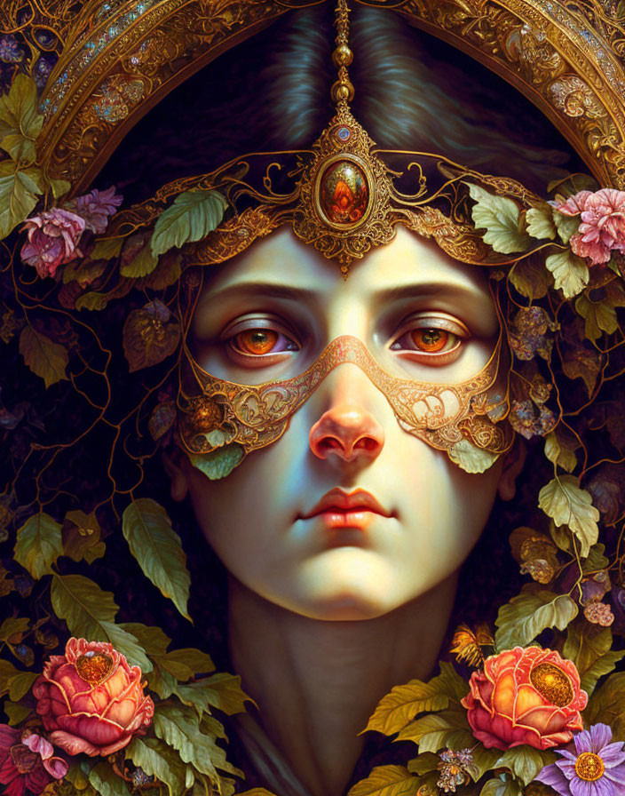 Woman in golden mask and headdress surrounded by roses and leaves.