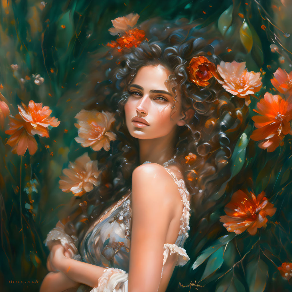 Curly-Haired Woman Surrounded by Orange Flowers in Ethereal Forest