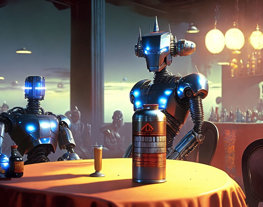 Futuristic tavern scene with two humanoid robots at bar table
