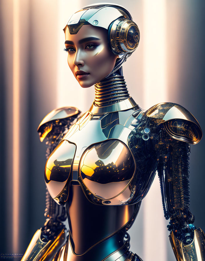 Detailed Female Android with Metallic Body and Headgear on Striped Background