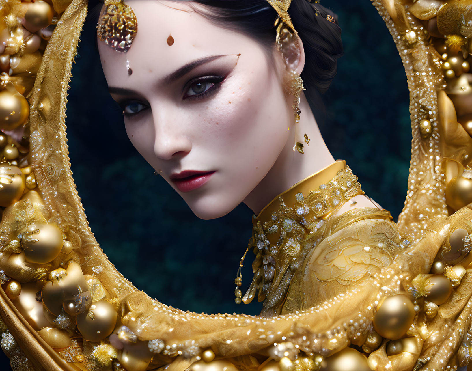 Golden jewelry adorned woman with bindi gazing intensely through ornate frame
