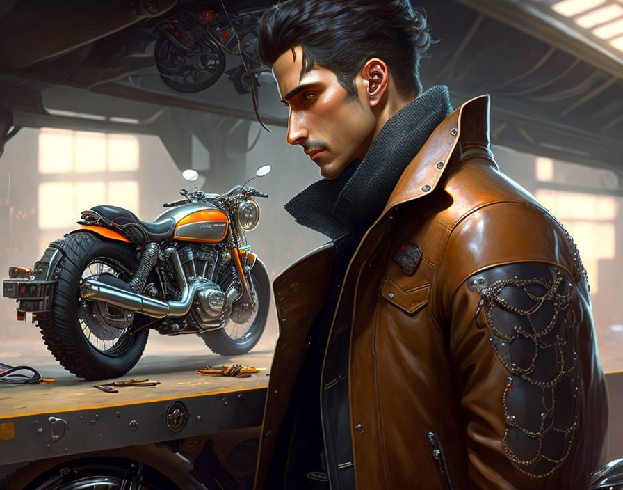 Stylized digital portrait of man with motorcycle in garage