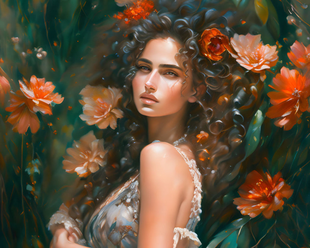 Curly-Haired Woman Surrounded by Orange Flowers in Ethereal Forest