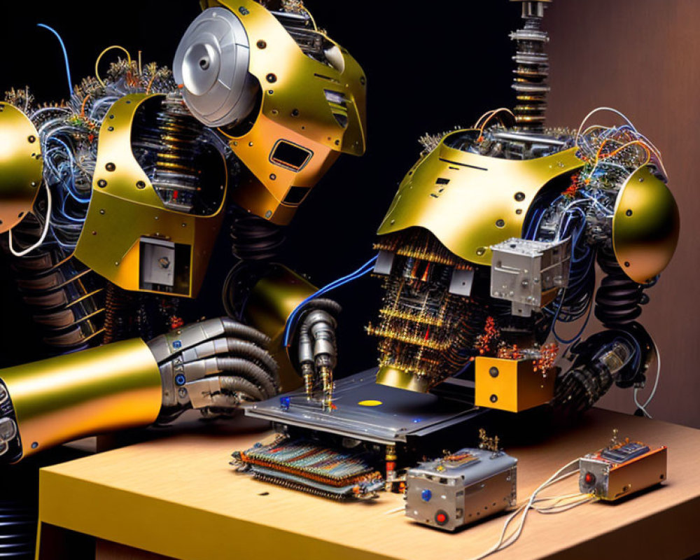 Robots assembling electronic circuits on wooden table
