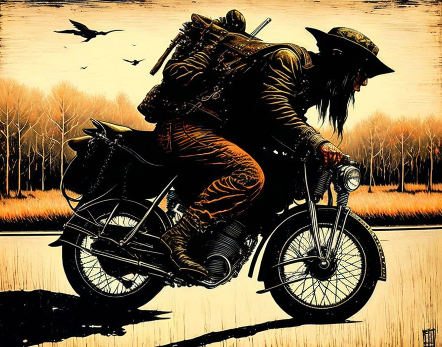 Bearded motorcyclist riding through woodland with flying birds in golden sky