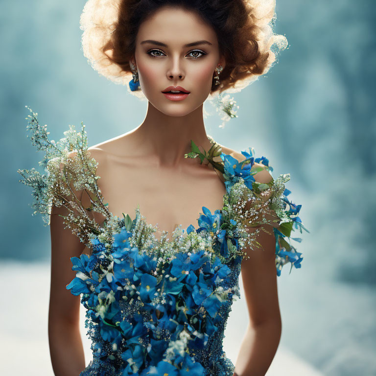 Elaborate Floral Hairstyle and Blue Dress on Soft Blue Background