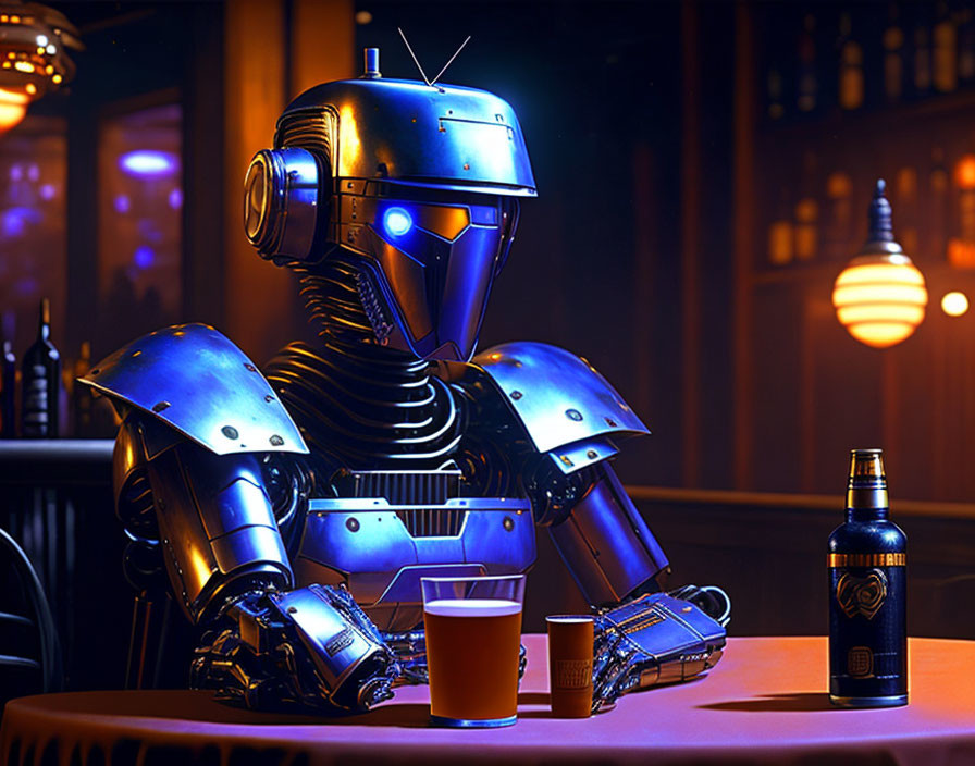 Humanoid Robot Seated at Bar with Beer and Bottle in Moody Environment