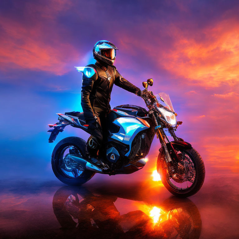 Motorcyclist in full gear on sports bike under dramatic sky