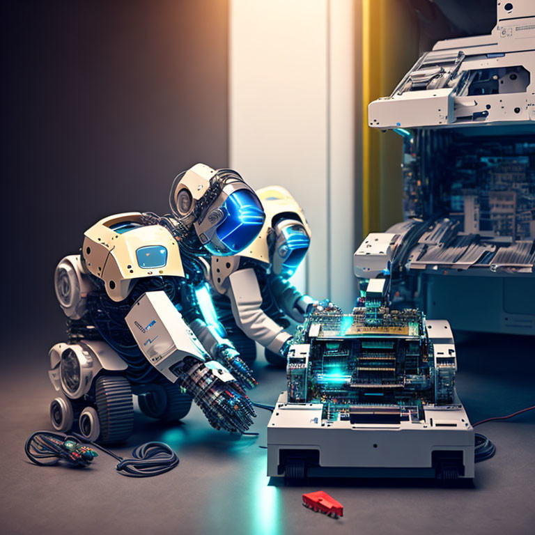 Advanced robots assembling or repairing electronics in high-tech setting