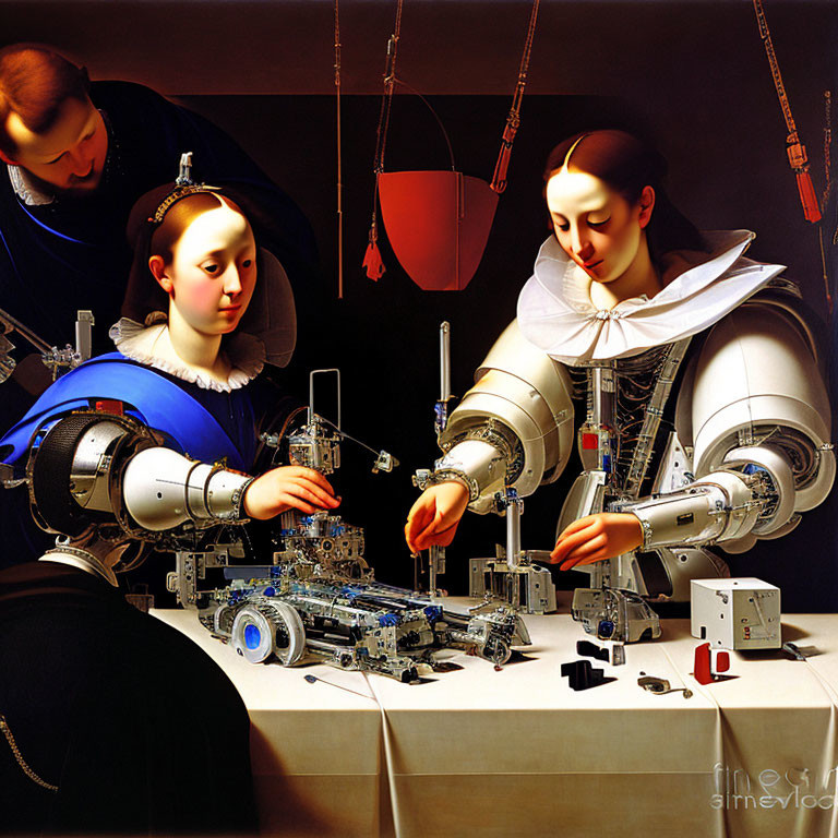 Surreal painting: Two women in 17th-century attire with robotic arms.