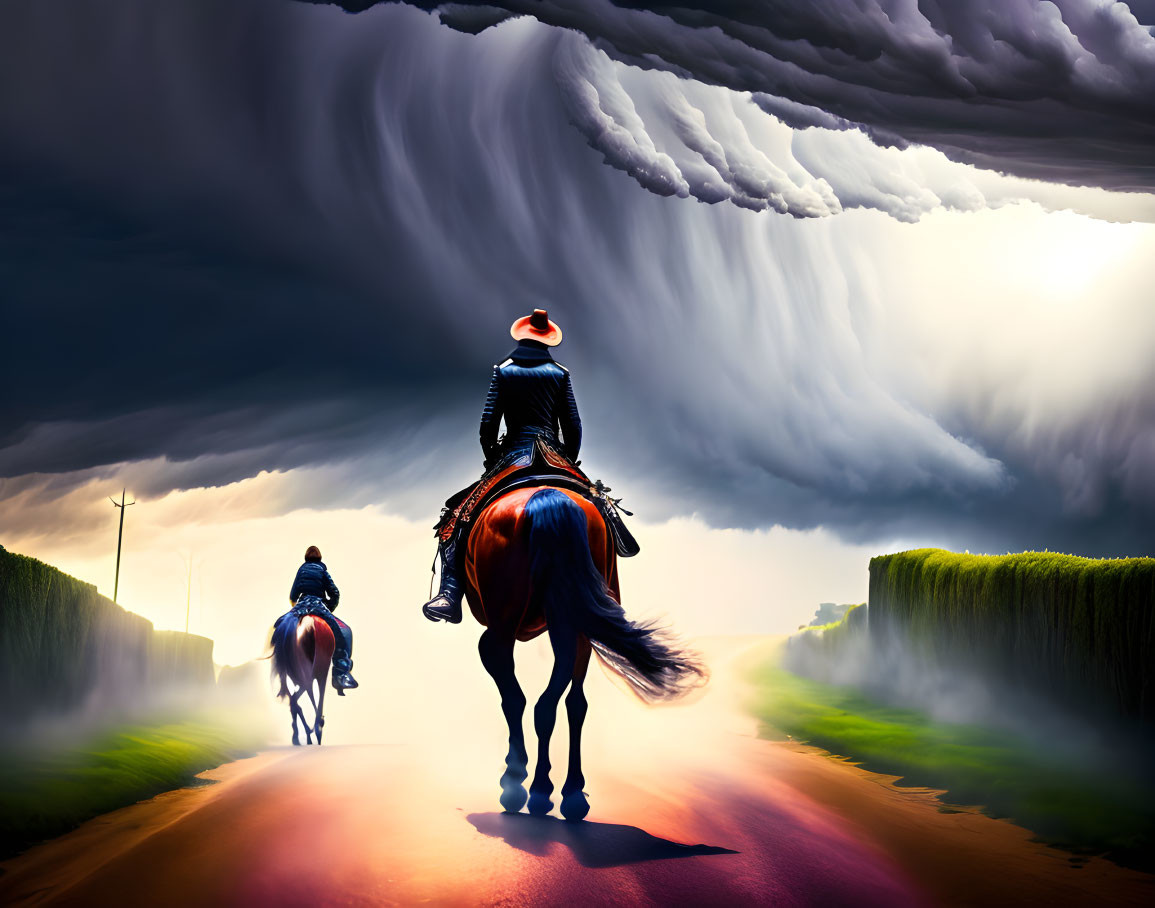 Two horse riders near storm clouds on rural road.