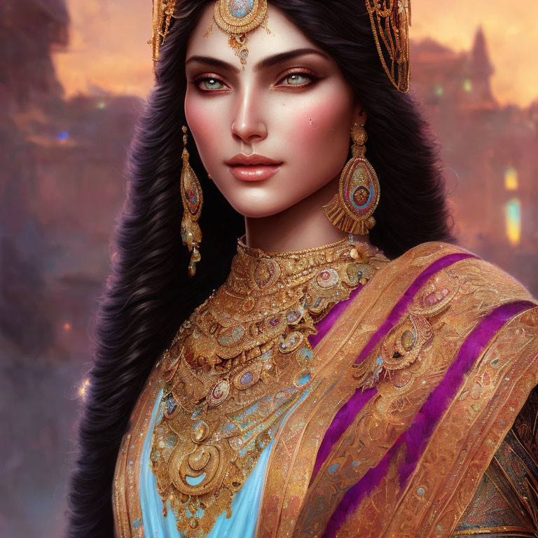 Woman in ornate gold jewelry and traditional attire against cityscape.