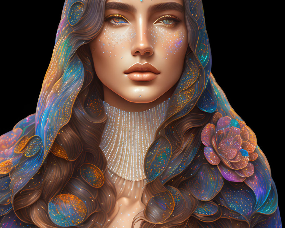 Illustrated woman with galaxy-themed makeup and cosmic attire.