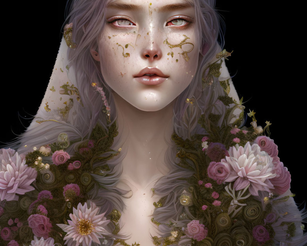Pale-skinned ethereal figure with gold flecks, head jewelry, and floral accents on dark background