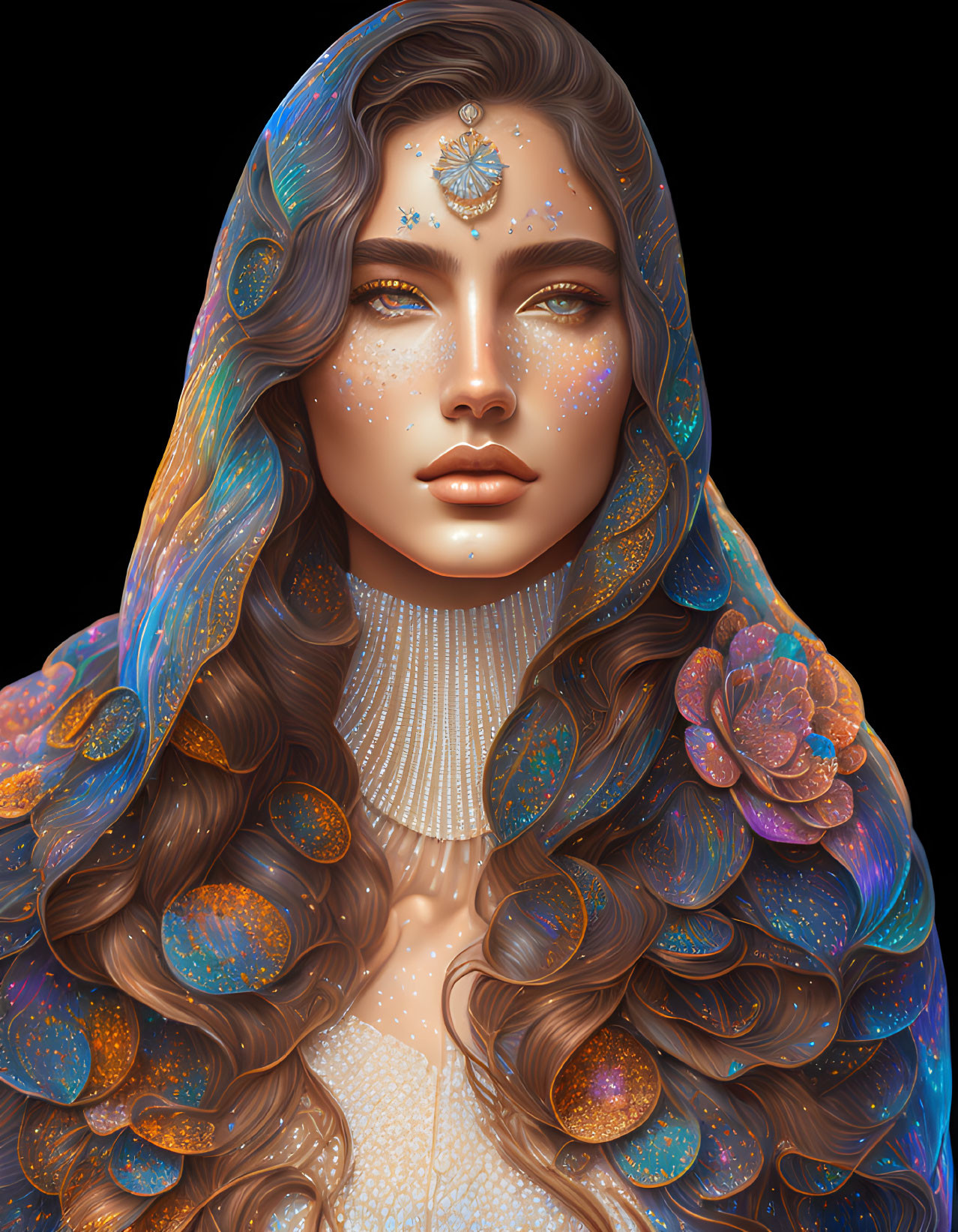 Illustrated woman with galaxy-themed makeup and cosmic attire.