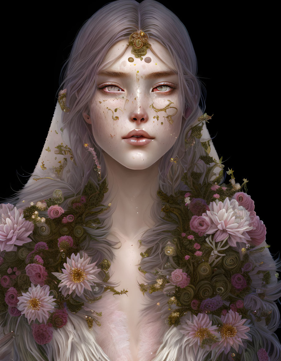 Pale-skinned ethereal figure with gold flecks, head jewelry, and floral accents on dark background